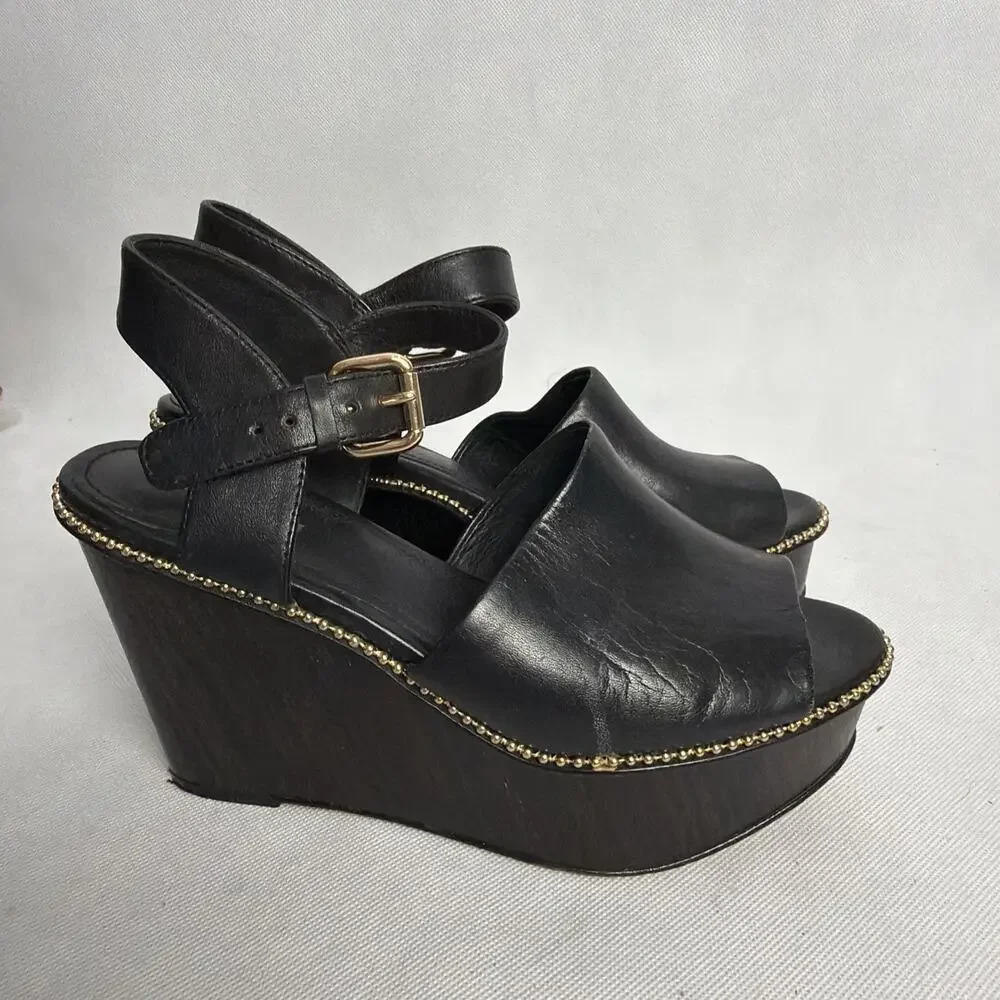 Coach Harla Black Leather Wood Wedge Platform Sandals